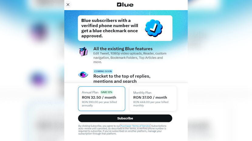 pret twitter blue in romania