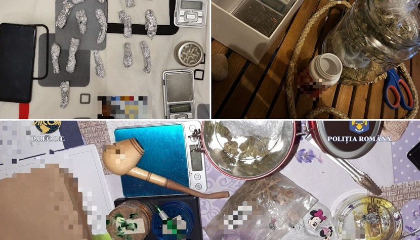 Anchetatorii au identificat diferite cantități de canabis, cocaina și ketamină precum și comprimate de Xanax