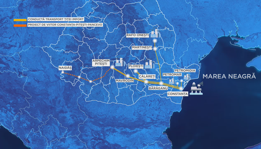 Harta conductelor de transport de țiței din România.