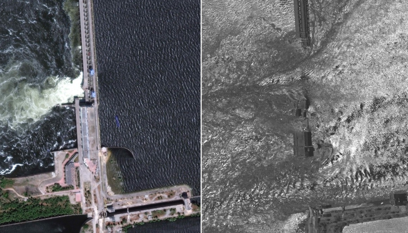 Distrugerea barajului Kahovka văzută din satelit