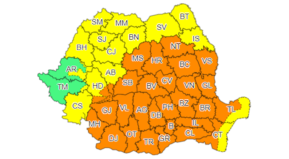 Harta Romania, cod portocaliu si cod galben de vreme severa