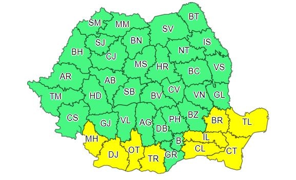 Harta Romania cod galben de vreme severa