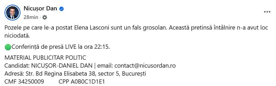 Nicușor Dan, reacție după postarea Elenei Lasconi