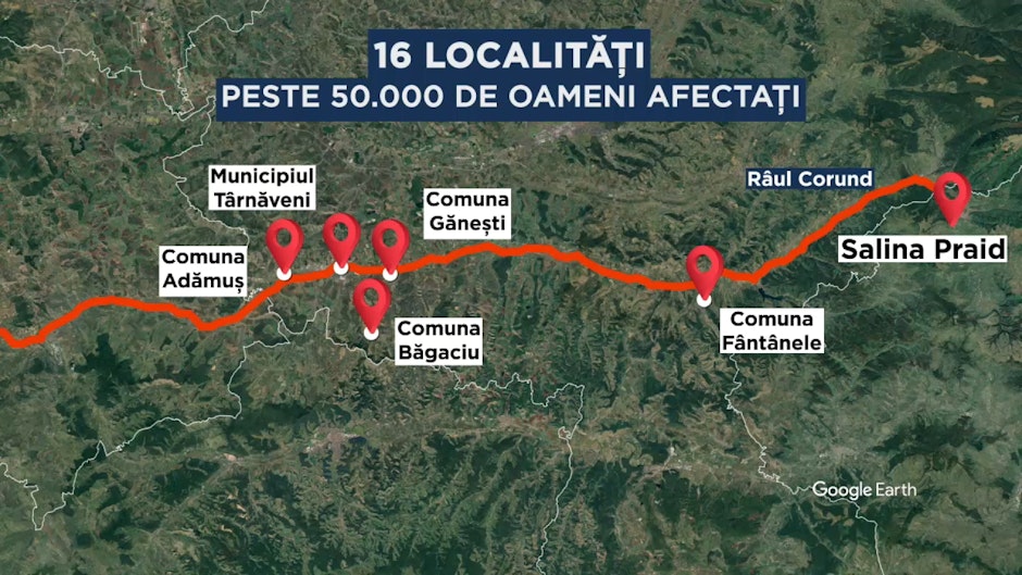 harta care arată câte localități sunt afectate de inundațiile de la Salina Praid