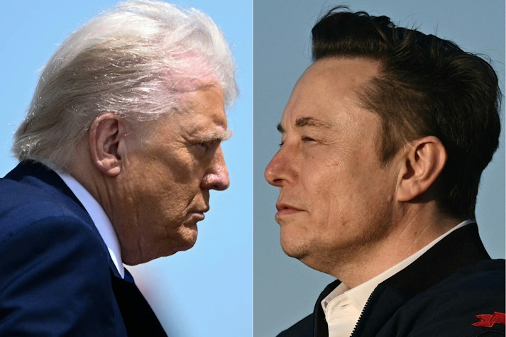 Donald Trump și Elon Musk, colaj cu fețele lor, uitându-se unul la altul