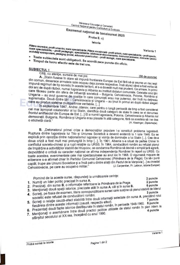 Subiecte Bac 2025 la Istorie, pagina 1