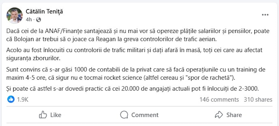 captură cu mesajul lui cătălin teniță pe facebook