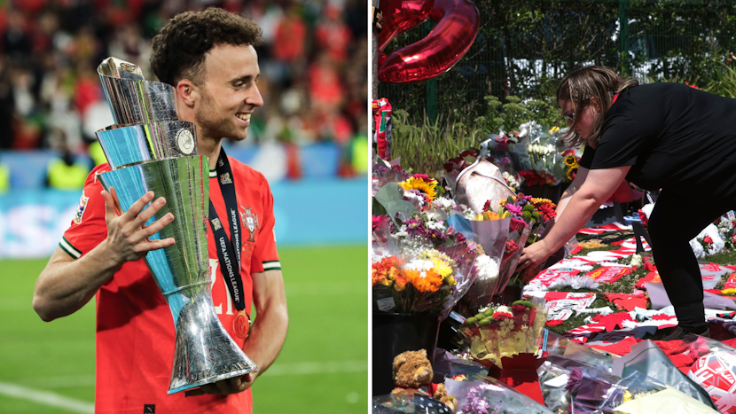 Colaj din două imagini: În stânga, fotbalistul Diogo Jota, în dreapta o fană aranjează florile aduse în semn de omagiu.
