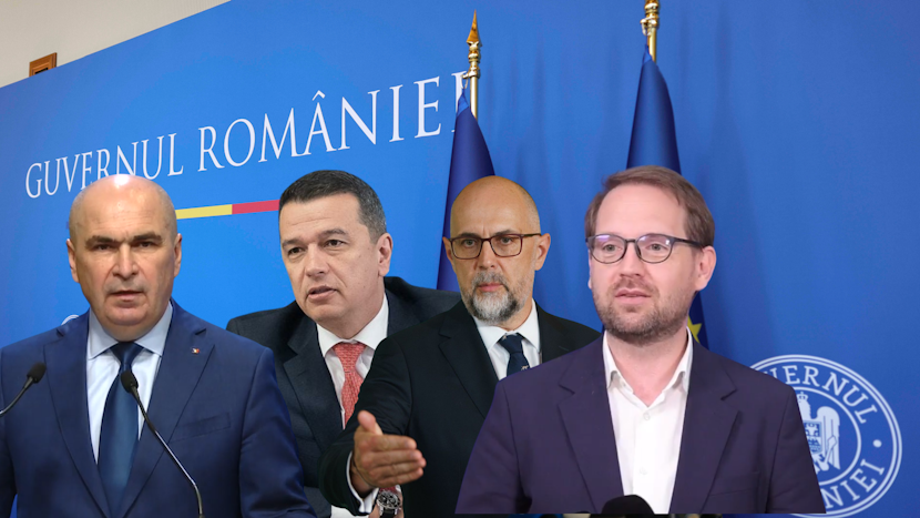 bolojan, grindeanu, hunor și fritz, cu sigla guvernului pe fundal