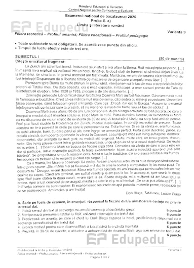 foaia cu subiectele la română la bac 2025 din august, pagina 1
