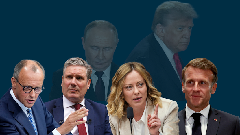 Colaj foto: (de la dreapta la stânga, în fundal) Donald Trump, Vladimir Putin, (de la dreapta la stânga) Emmanuel Macron, Giorgia Meloni, Keir Starmer,  Friedrich Merz