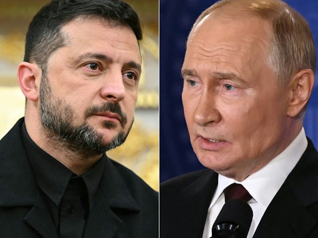 fotografie split. zelenski in stânga, putin în dreapta