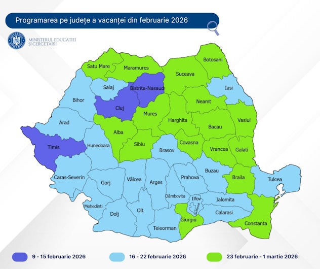 harta cu vacanța din luna februarie, în funcție de județ