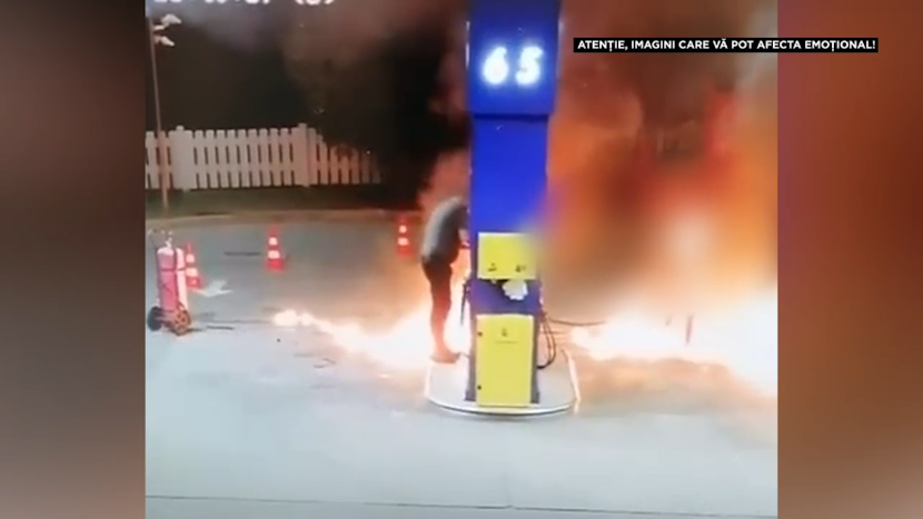 Atac la o benzinărie în Făget, vedem atacatorul cum da foc unei pompe