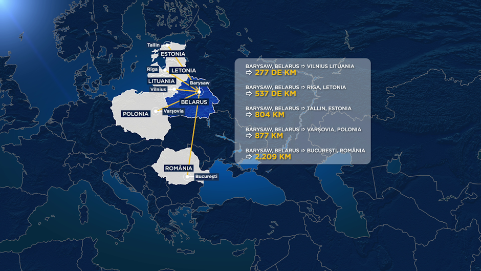 Distanța între baza militară din Belarus și principalele capitale de pe Flancul Estic al NATO