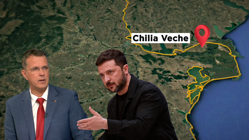 Colaj foto: hartă Chilia Veche, Ionuț Moșteanu, Volodimir Zelenski
