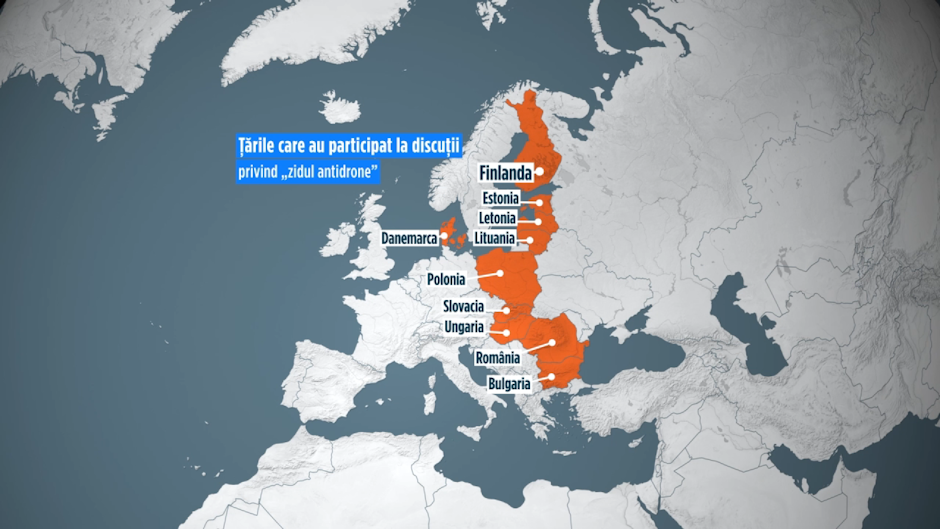 hartă care evidențiază țările de pe flancul estic care au participal la discuții privind „zidul antodrone”: danemarca, finlanda, estonia, letonia, lituania, polonia, slovacia, ungaria, romania, bulgaria
