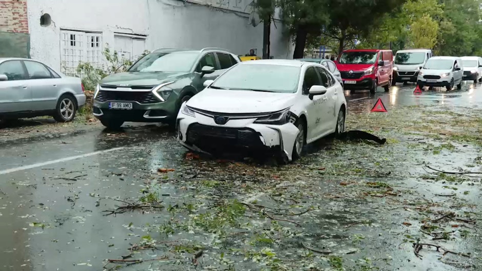 Un copac a căzut peste o mașină aflată în trafic în București