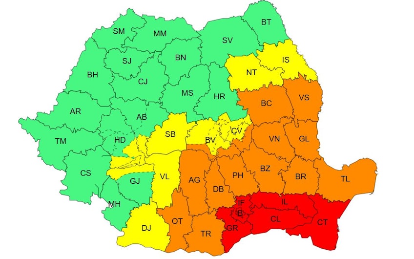 harta româniei cu județele aflate sub coduri roșu, portocaliu și galben