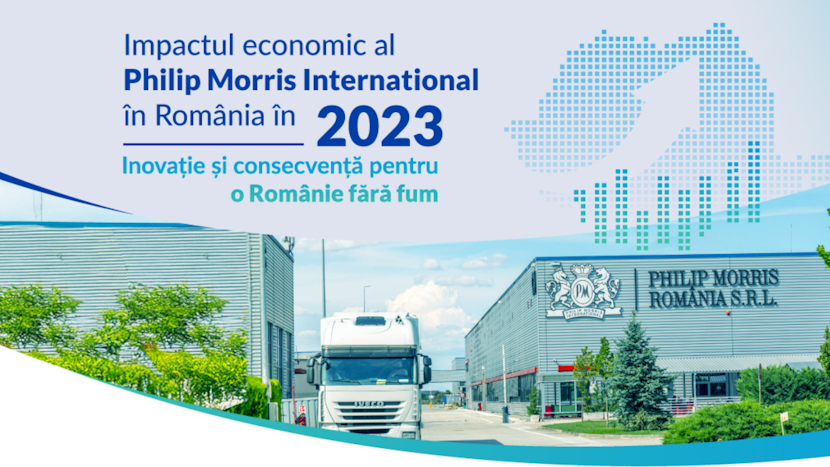 infografic cu textul „Impactul economic al Philip Morris International în România în 2023. Inovație și consecvență pentru o Românie fără fum”
