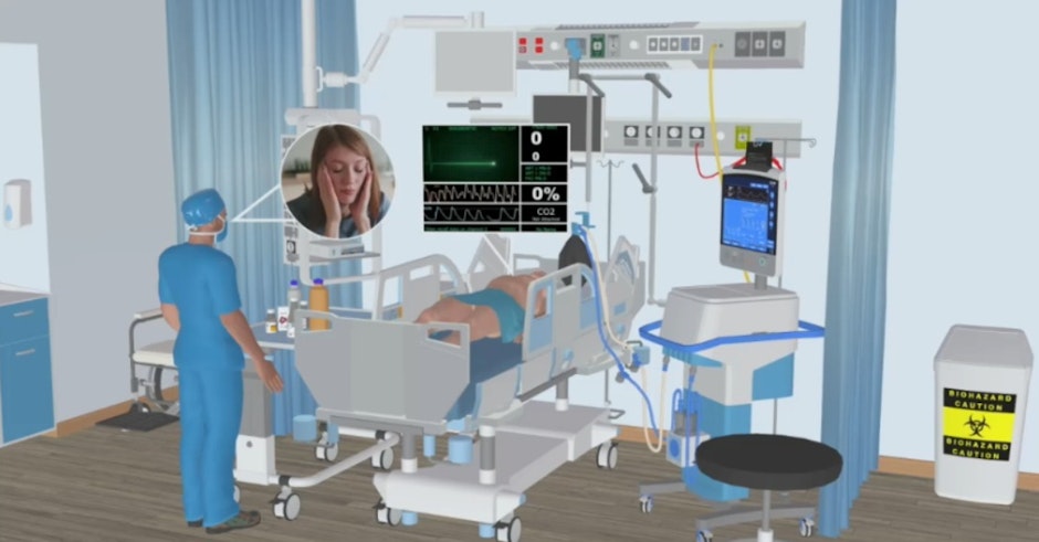 ilustrație digitală a unei secții ATI, cu un pacient intubat monitorizat