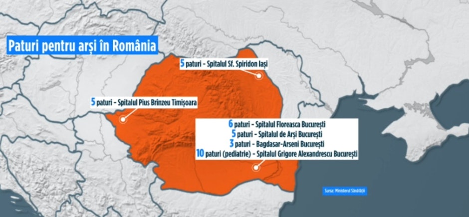 infografie cu hara romaniei și numărul de paturi pentru arși din românia