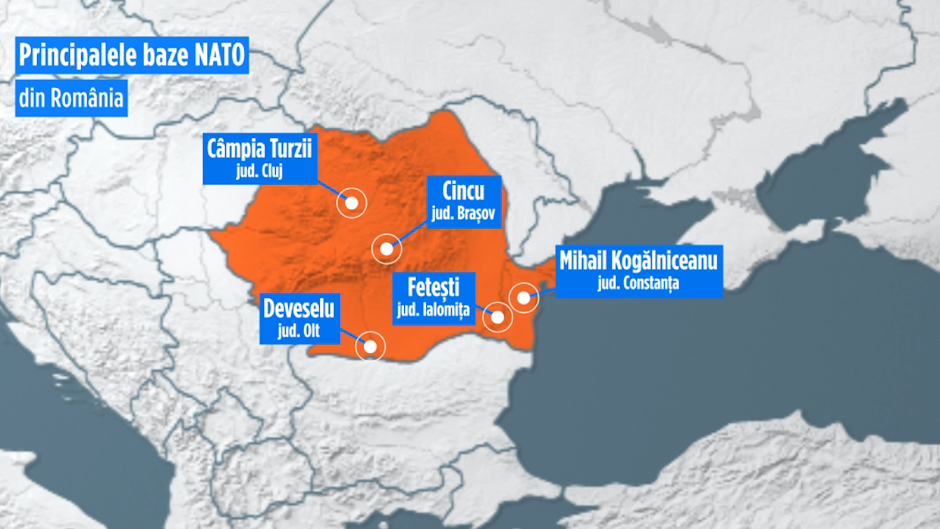 hartă care arată localizarea principalelor baze nato din românia