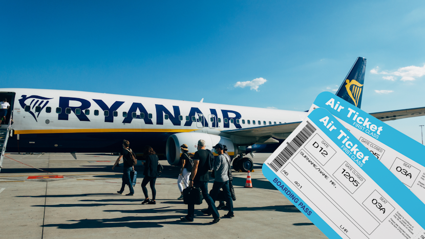 Avion Ryanair cu pasageri pregătiți de îmbarcare și o poză cu tichete de îmbarcare.