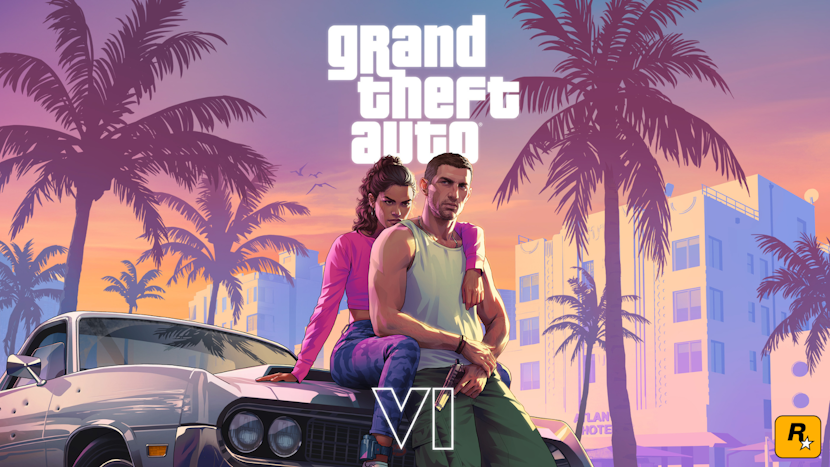 Imagine promoțională pentru Grand Theft Auto VI, cu cei doi protagoniști sprijiniți de o mașină clasică, pe fundalul unui bulevard tropical cu palmieri și clădiri art-deco la apus, stil vizual inspirat de Miami.