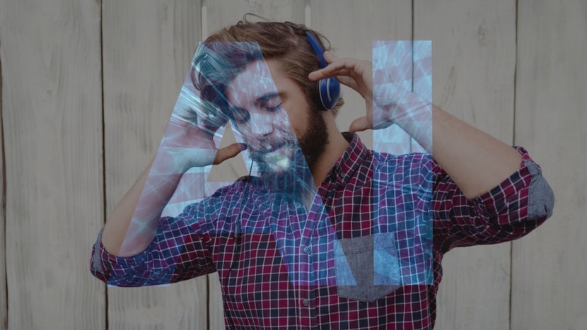 Colaj foto bărbat cu căști, pe fundalul literelor AI