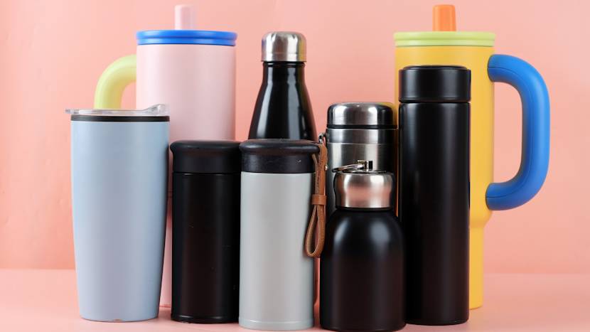 O imagine cu mai multe sticle reutilizabile, atât pentru apă cât și pentru cafea sau suc.