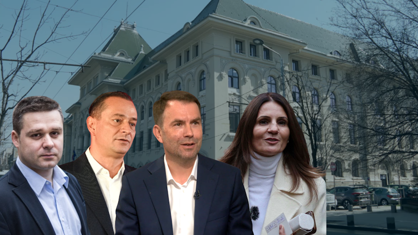 ciprian ciucu, daniel baluta, catalin drula si anca alexandrescu, cu cladirea primariei capitalei pe fundal