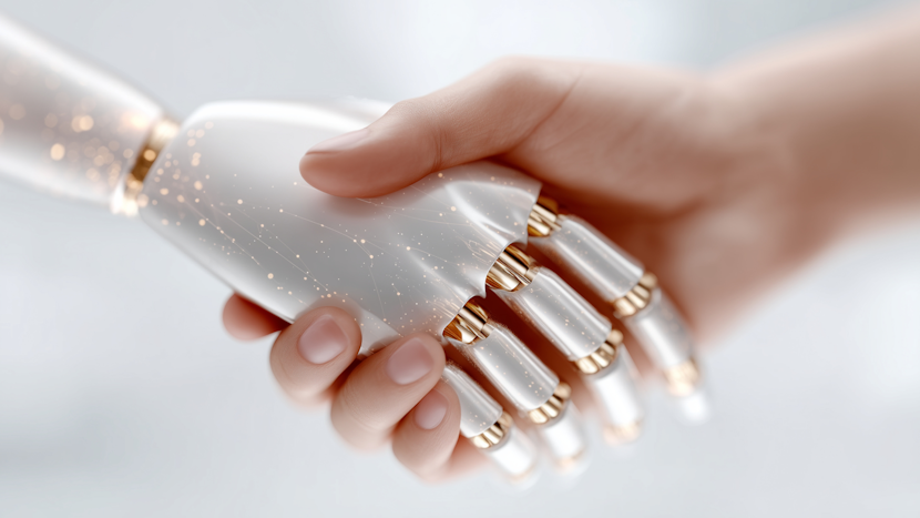 Gros-plan cu o mână umană care strânge o mână robotică elegantă, semitransparentă, cu detalii luminoase, simbolizând conexiunea dintre oameni și inteligența artificială.