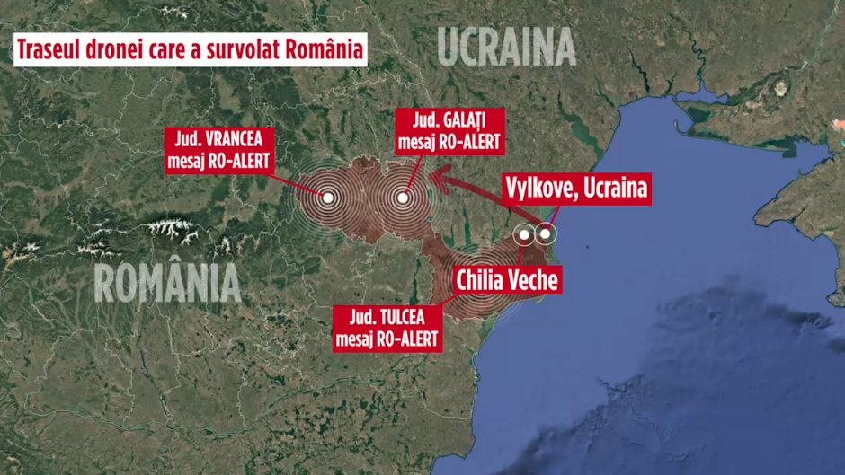 Hartă cu traseul dronei care a intrat în spațiul aerian al României și a ajuns în județele Tulcea, Vrancea și Galați