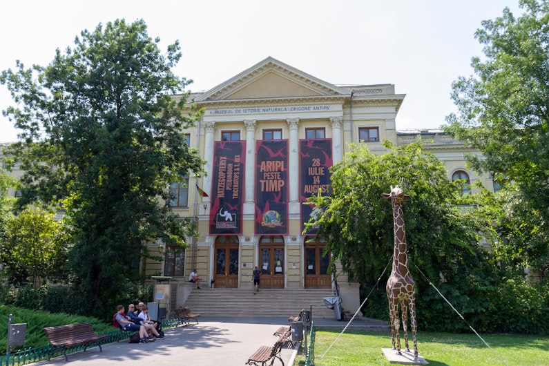 Fațada Muzeului Național de Istorie Naturală ‘Grigore Antipa’ din București, cu bannere expoziționale pe coloane și o girafă decorativă amplasată în fața clădirii.