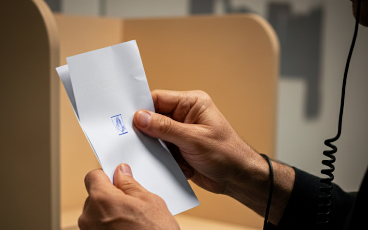 Persoană care se îndreaptă către urna de vot și ascultă muzică