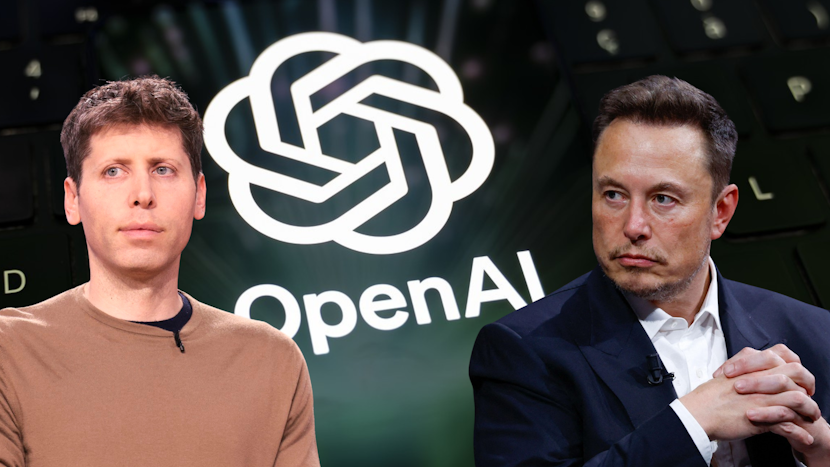 colaj sam altman (stânga) și elon musk (dreapta) având pe fundal sigla open ai