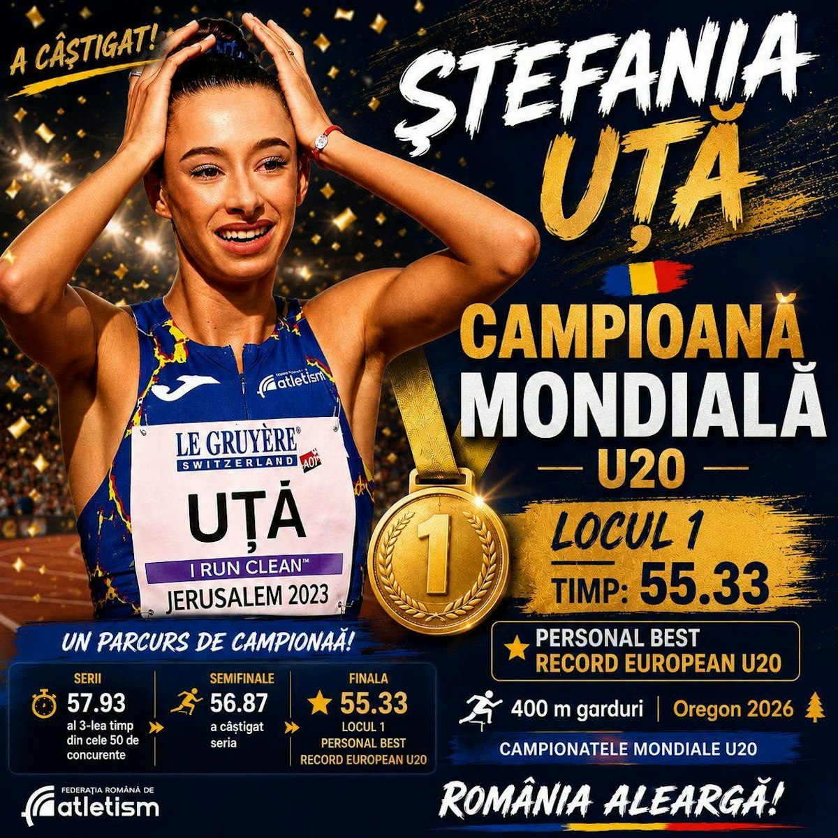 Alexandra Ștefania Uță, campioană mondială U20 la 400 m garduri. Românca a stabilit un nou record al competiției