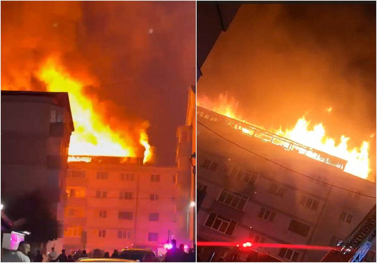 VIDEO Acoperișul unui bloc din Suceava, cuprins de flăcări. Intervenție cu 12 autospeciale