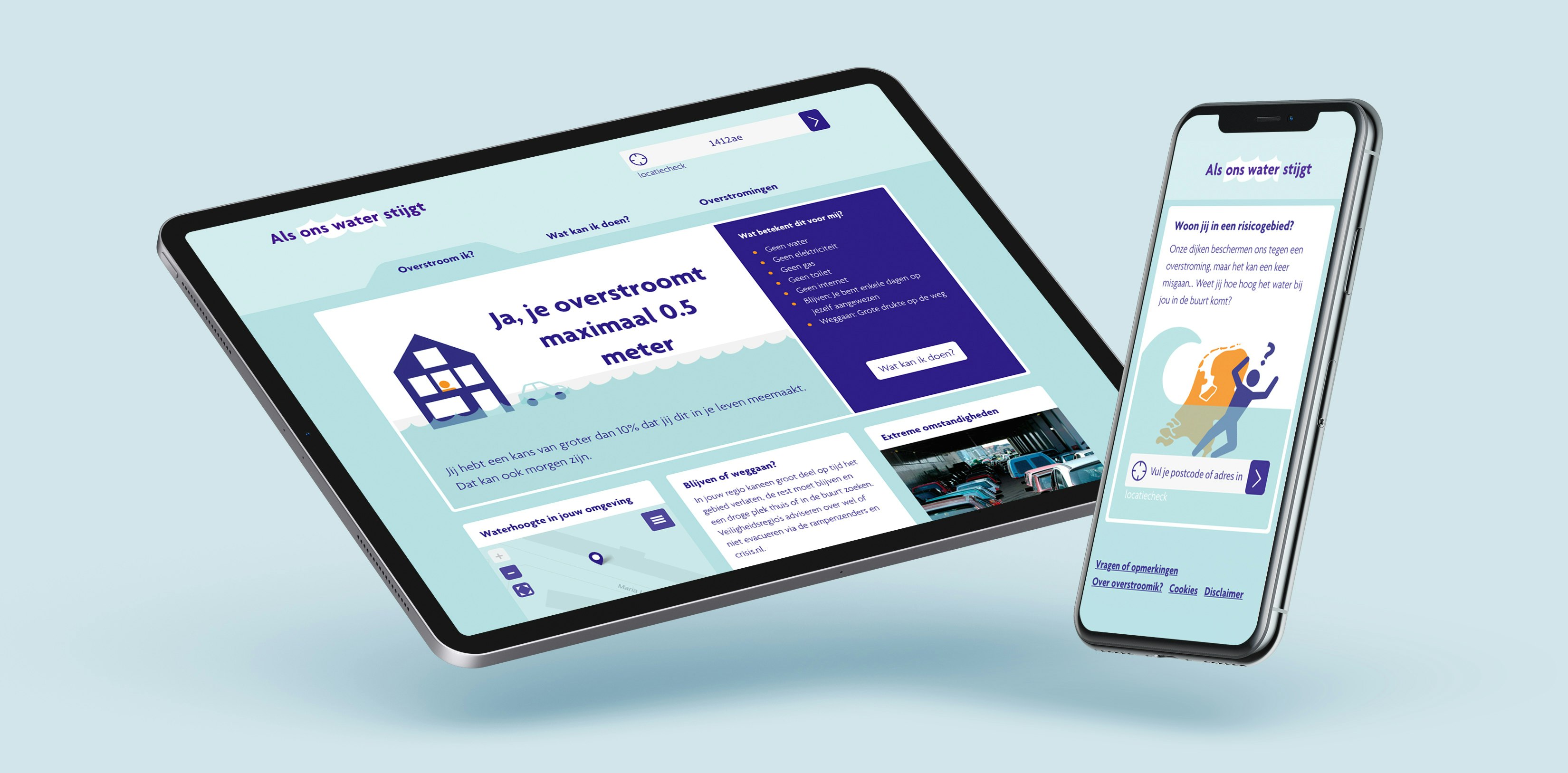 A tablet and a smartphone with the website Overstroom Ik?