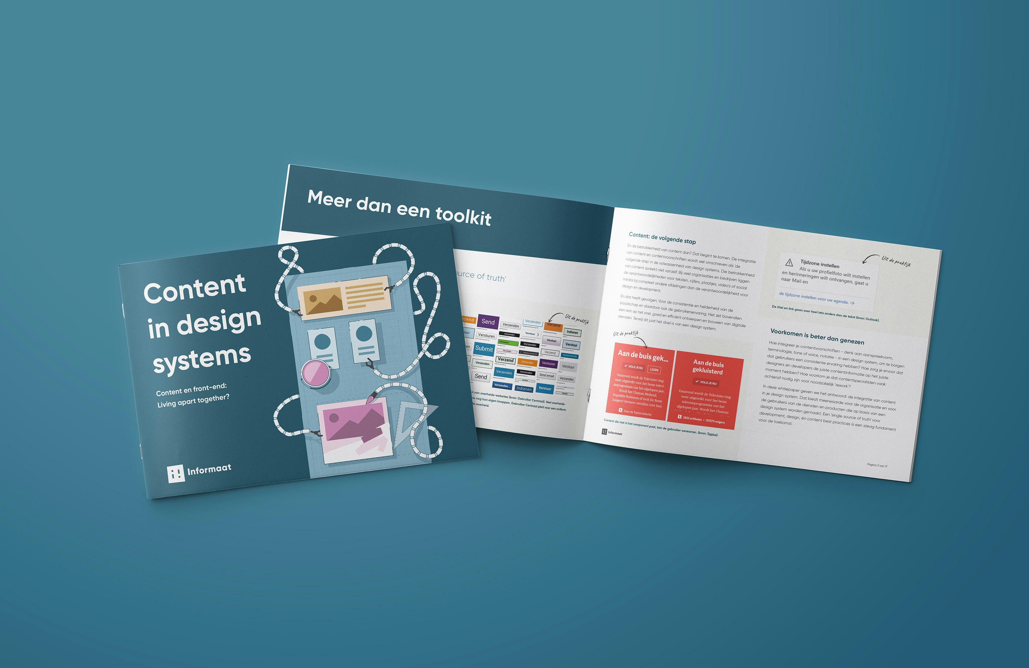 Een afbeelding van het boekje met de whitepaper 'Content in design systems' opengeslagen