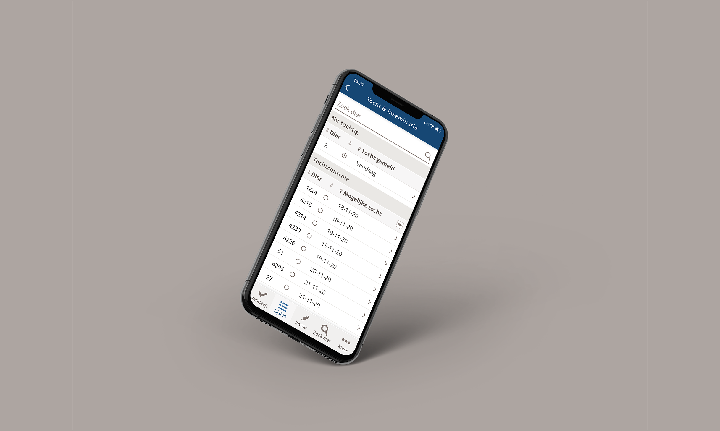 ‘Insemination management’ screen in the CRV app for managing livestock