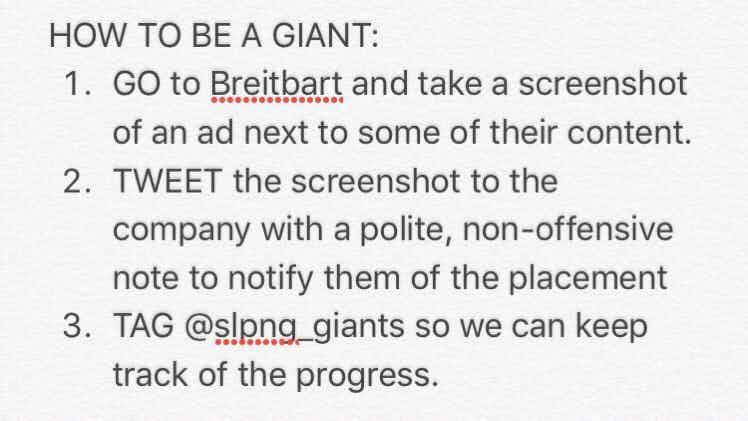Instructions on Sleeping Giants Twitter account inviting twitters to collaborate