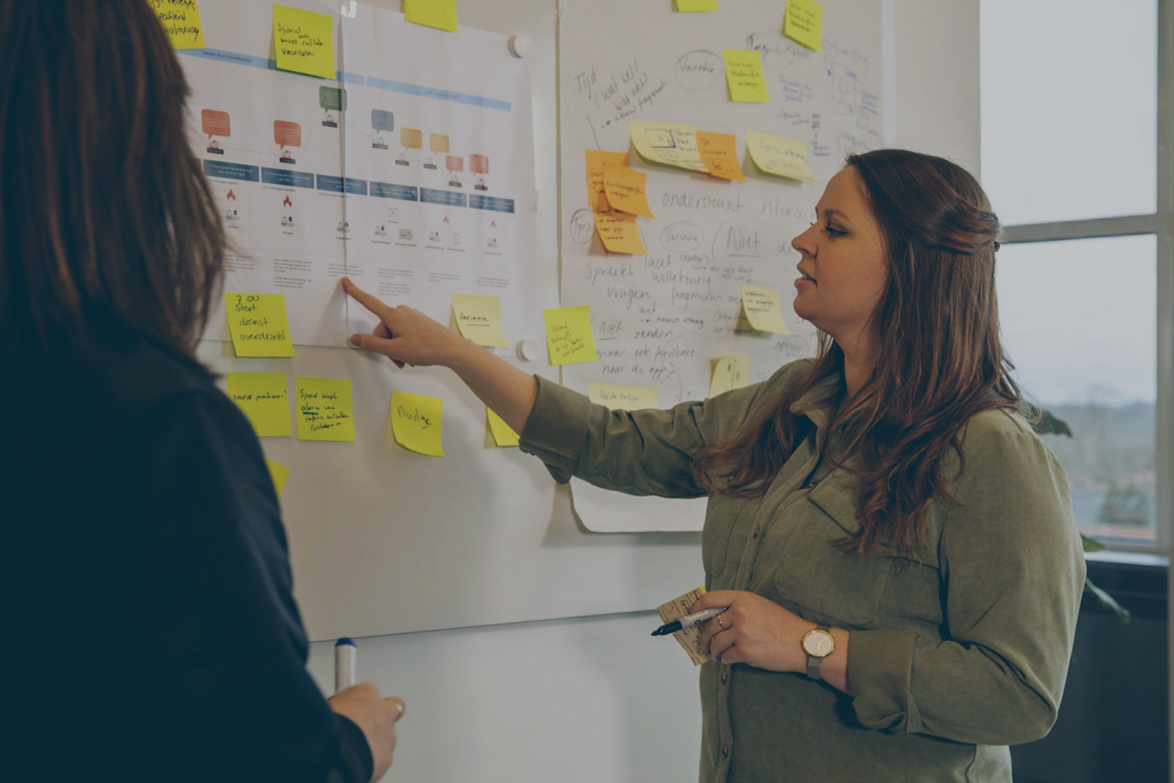 Ontwerper bij een whiteboard met geeltjes