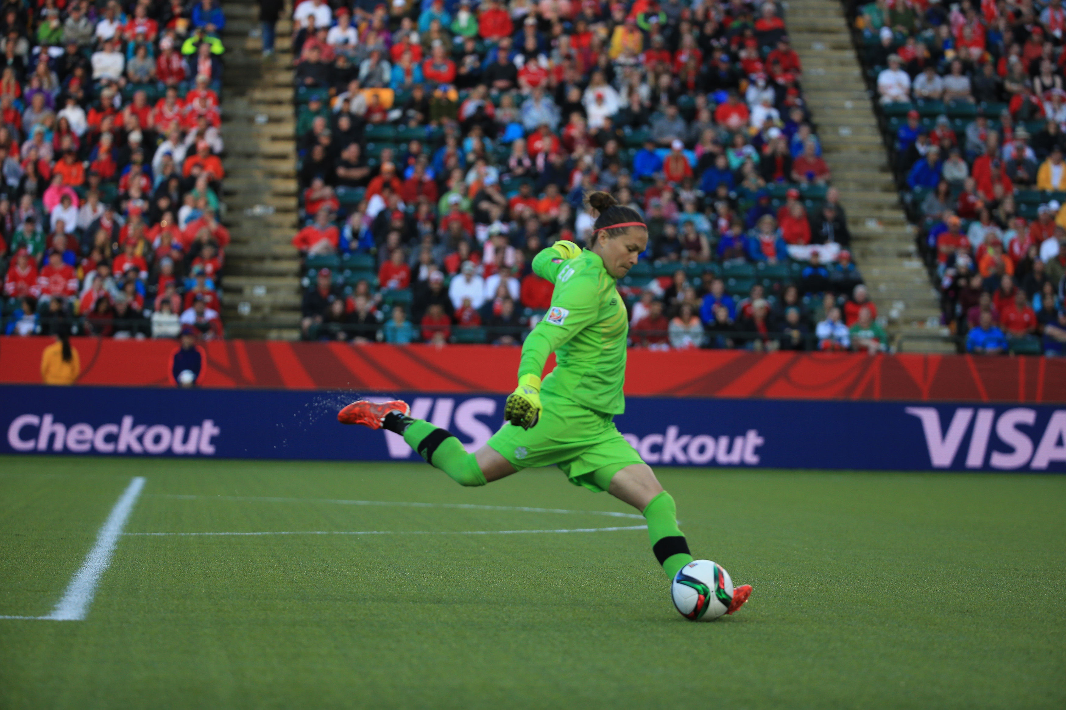 During the game, a soccer player kicked the ball