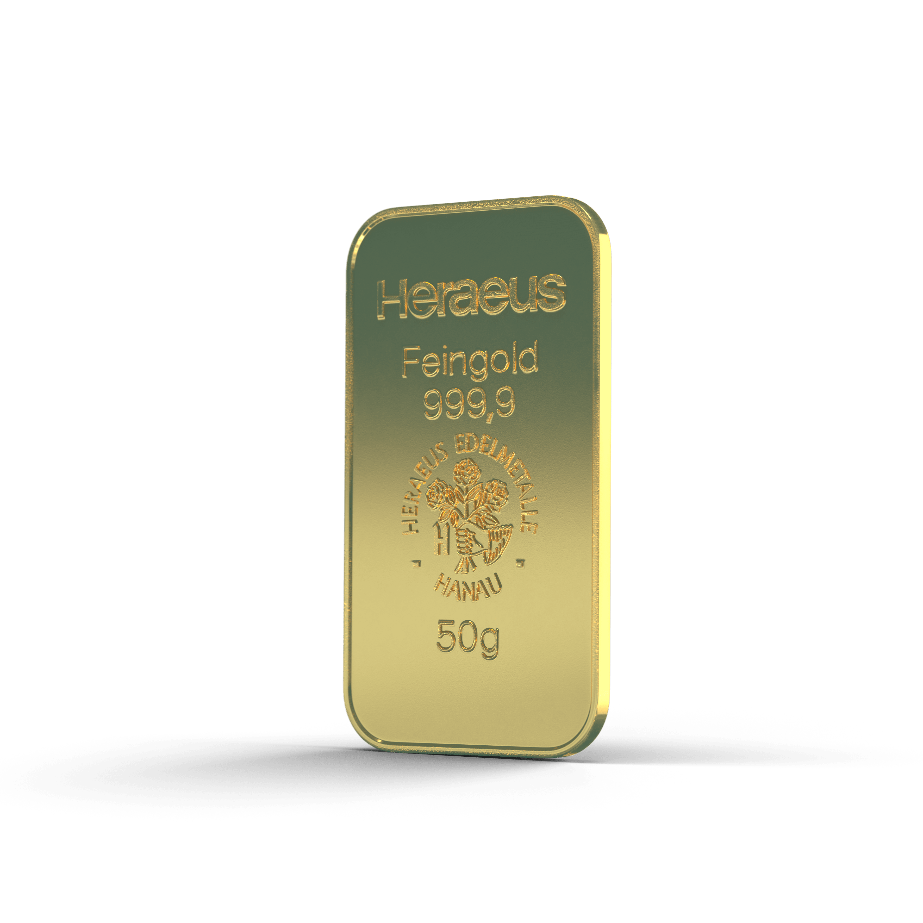 Ein 50g Goldbarren von Heraeus, steht in der Mitte des Bildes. Goldbarren eignen sich optimal als Wertanlage oder Geschenk.