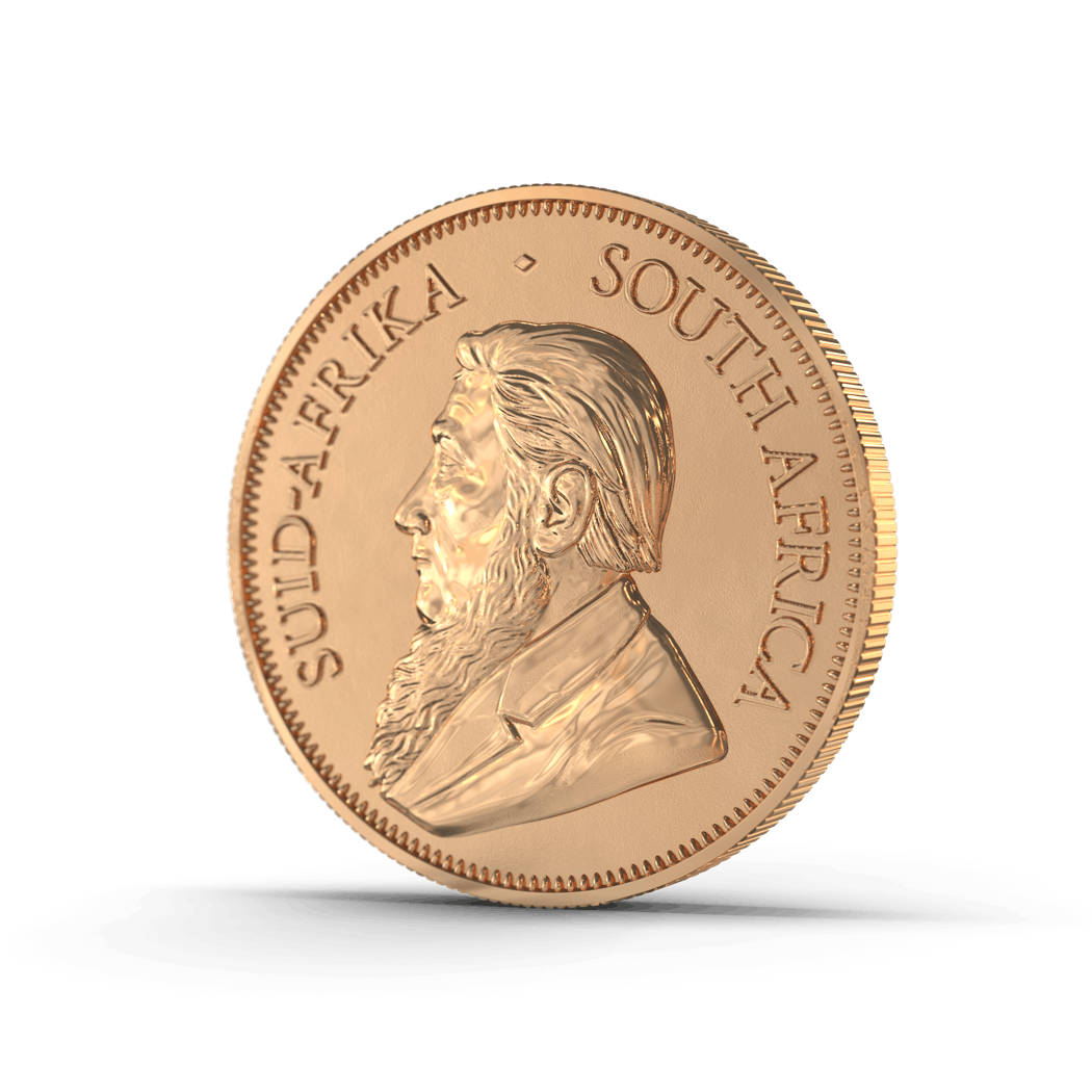 In der Mitte des Bildes ist die Vorderseite der Krügerrandgoldmünze dargestellt. Auf dieser ist ein Porträt von Paul Kruger sowie den Landesnamen in Afrikaans (Suid-Afrika) und Englisch (South Africa) zu sehen. Die Krügerrand ist auch im Goldgeschäft in Görlitz erhältlich.