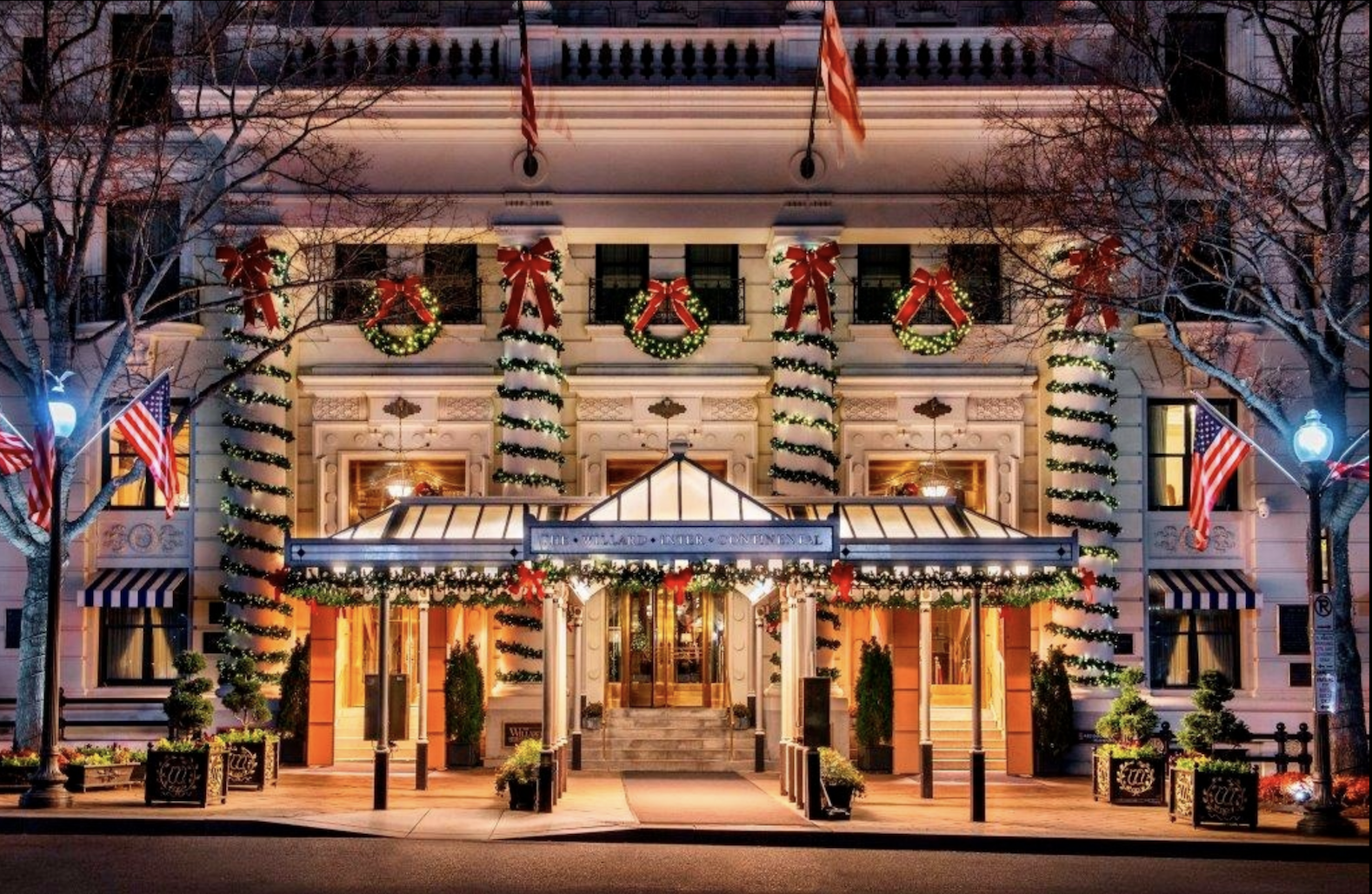 Willard Hotel front decorated with wreaths