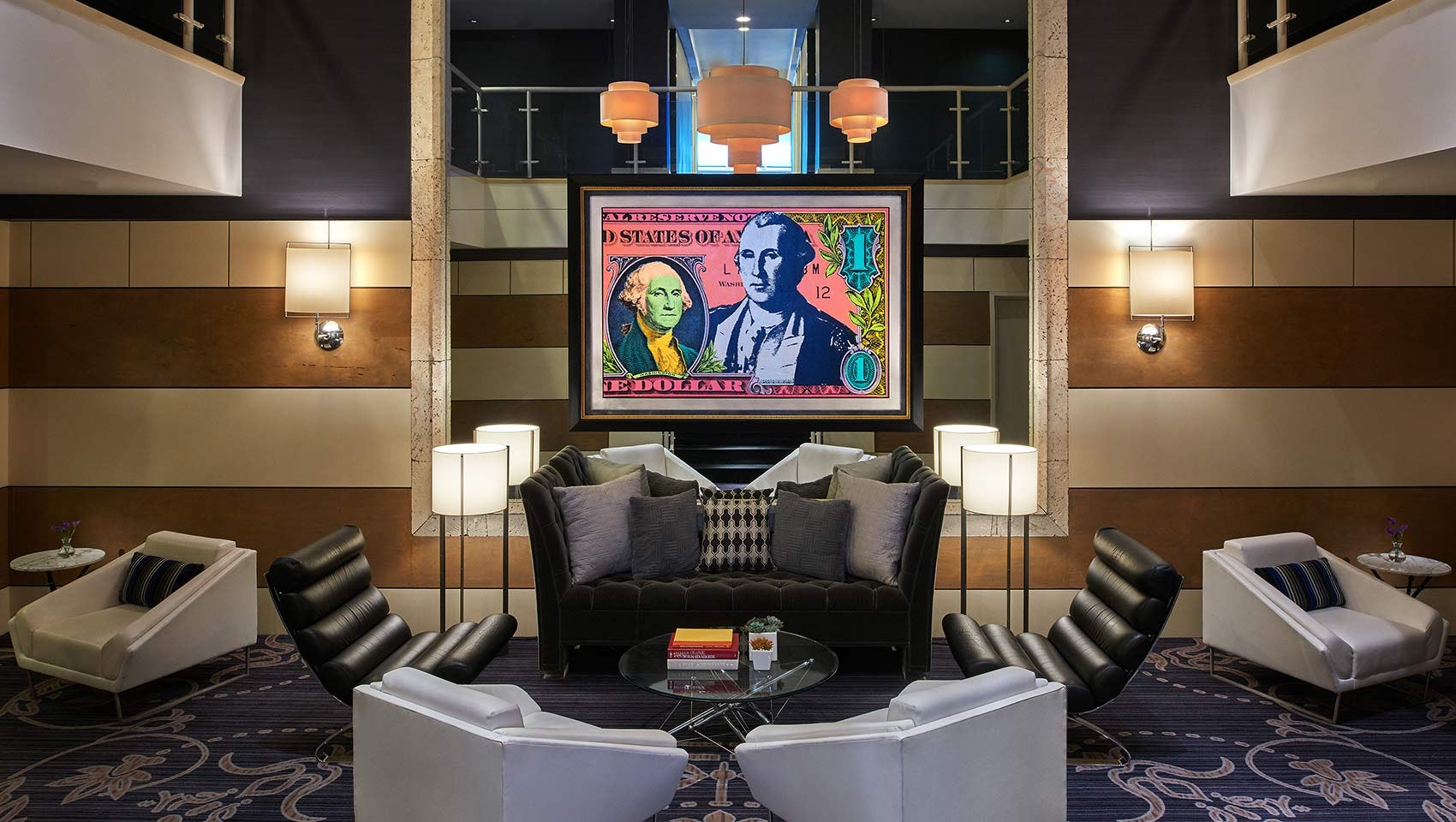 Hotel lobby with vibrant artwork
