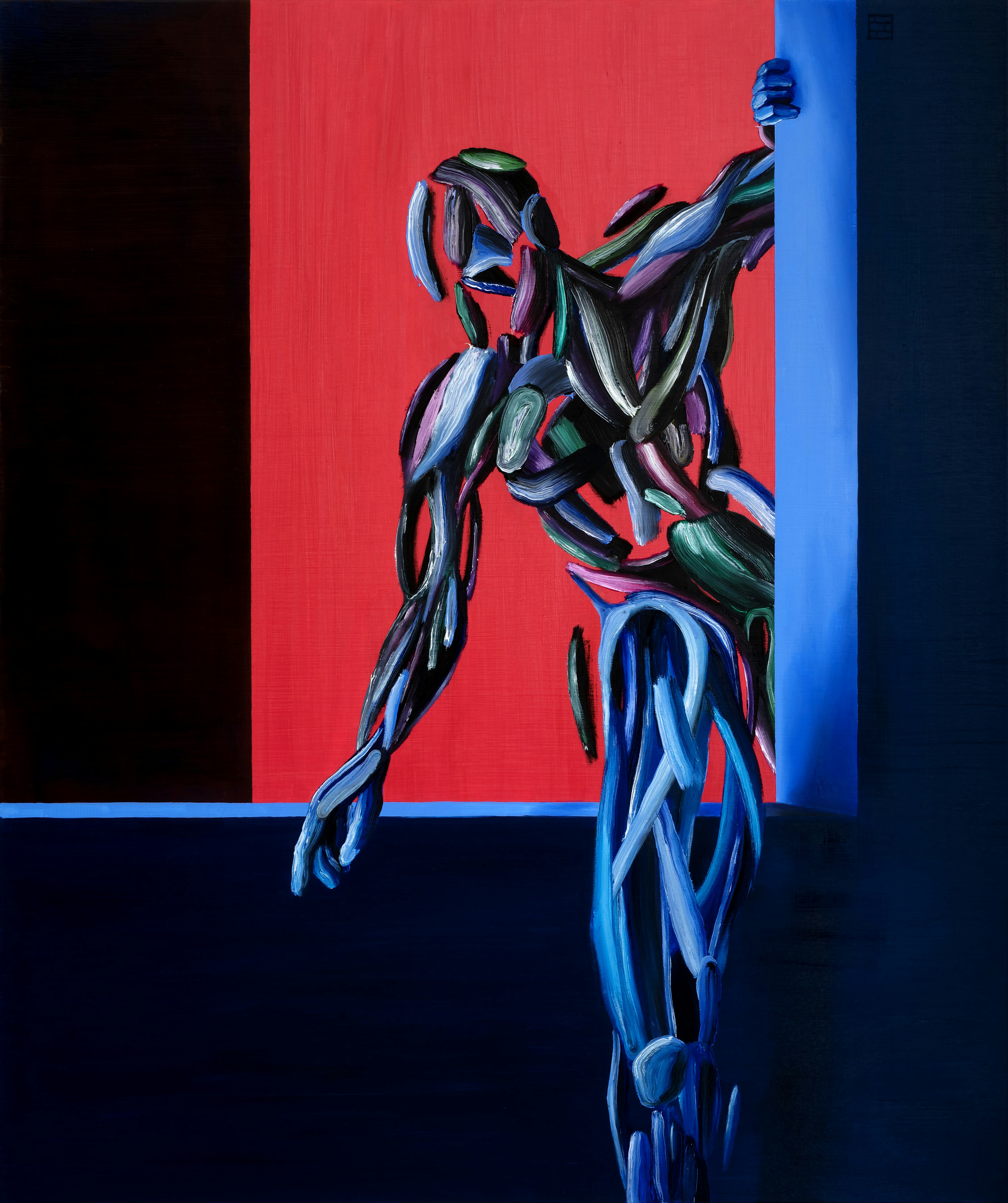 An art piece of an anamorphic body shape hovering between two spaces. The colors are mostly black, red, and black.